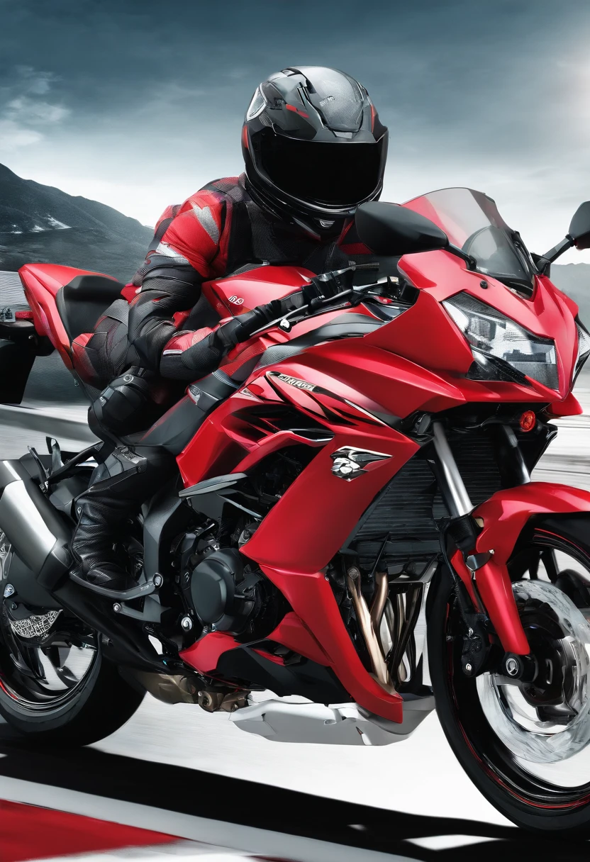 Detail red Kawasaki Ninja 400,(Best quality, 8K, Masterpiece :1.2), Ultra photo realsisim, onthe mountain, Speeding on highways, (Facing the audience), Blue skyscraper in background, At night,