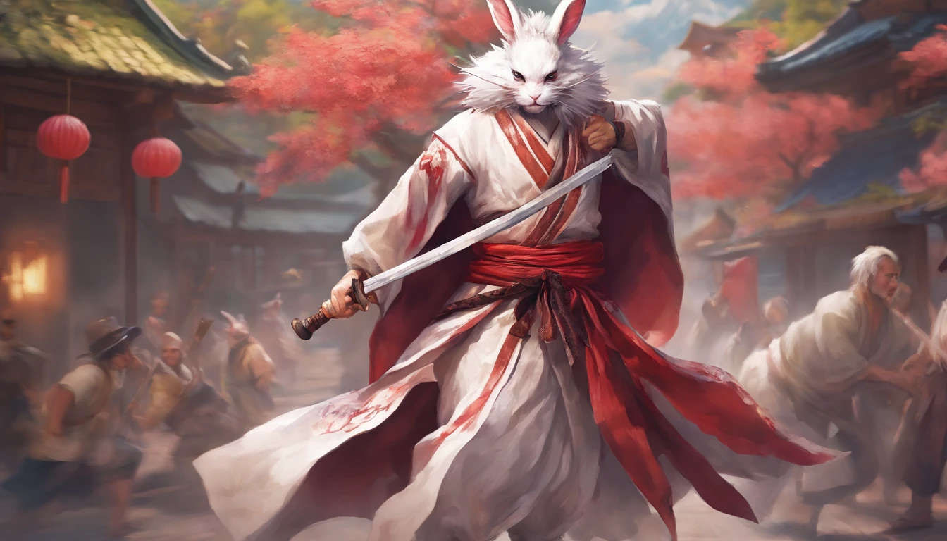 White Rabbit beastman in kimono, samurai, in a fighting stance, in a street, to stand, katana in hand