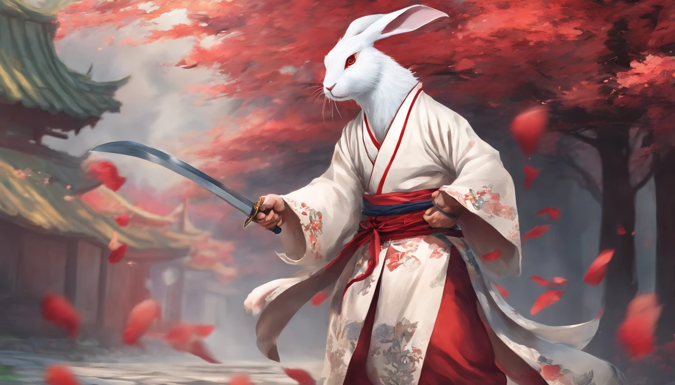 White Rabbit beastman in kimono, samurai, in a fighting stance, in a street, to stand, katana in hand