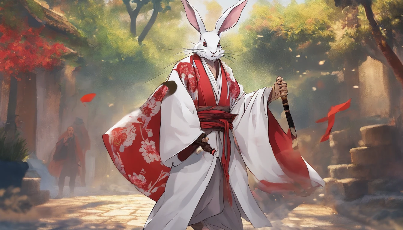 White Rabbit beastman in kimono, samurai, in a fighting stance, in a street, to stand, katana in hand
