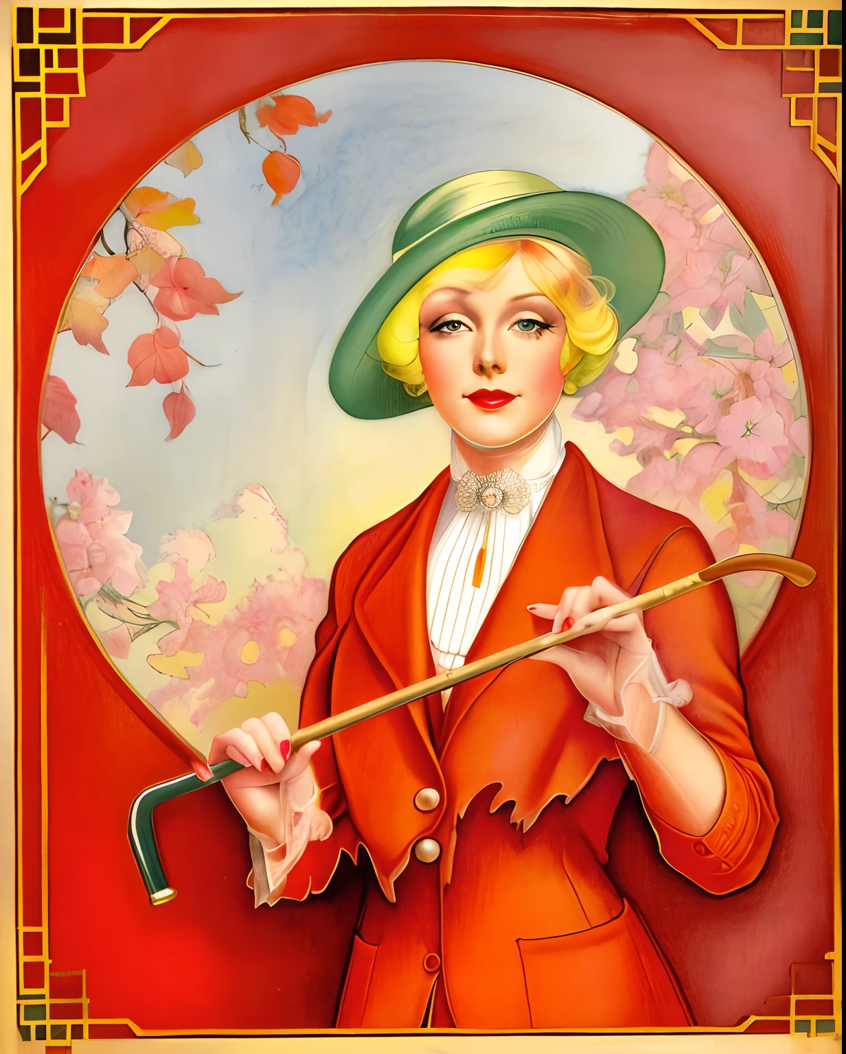 Painting of a woman in a red coat and hat holding a cane, 1 9 2 0's colored pencil, Estilo de Lady Frieda Harris, 1 9 2 0 ’ s colored pencil, por Dorothy Hood, Directed by: Flora Macdonald Reid, senhora elegante, full-colour illustration, Directed by: Frank Leonard Brooks, senhora, inspirado em Ada Gsenhoras Killins, Dicas de Coles Phillips