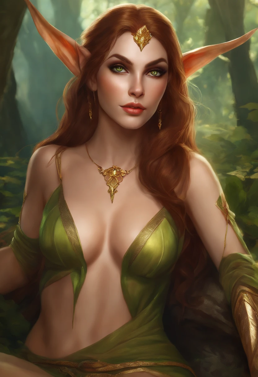 Female wood elf rouge, slim build, sexy, long brown hair,pointy ears, green eyes with specks of gold, naked, sitting on a dick