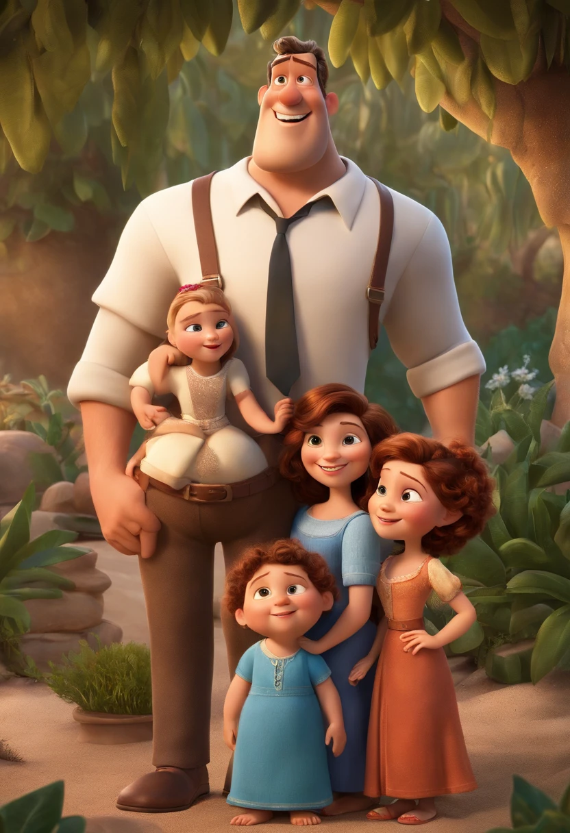a Disney Pixar movie poster showing a white-skinned family. The father is the tallest, sem barba curta, grisalho, cabelos curtos e espinhosos. The mother has brown eyes and hair, shoulder-length and is slightly overweight. O menino tem 8 anos e cabelos castanhos, roupa azul. The background is a beach garden. 3D-rendering