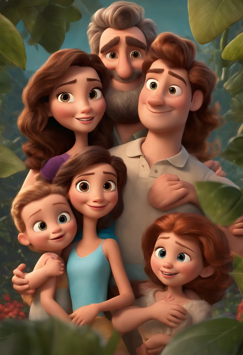 a Disney Pixar movie poster showing a white-skinned family. The father is the tallest, sem barba curta, grisalho, cabelos curtos e espinhosos. The mother has brown eyes and hair, shoulder-length and is slightly overweight. O menino tem 8 anos e cabelos castanhos, roupa azul. The background is a beach garden. 3D-rendering