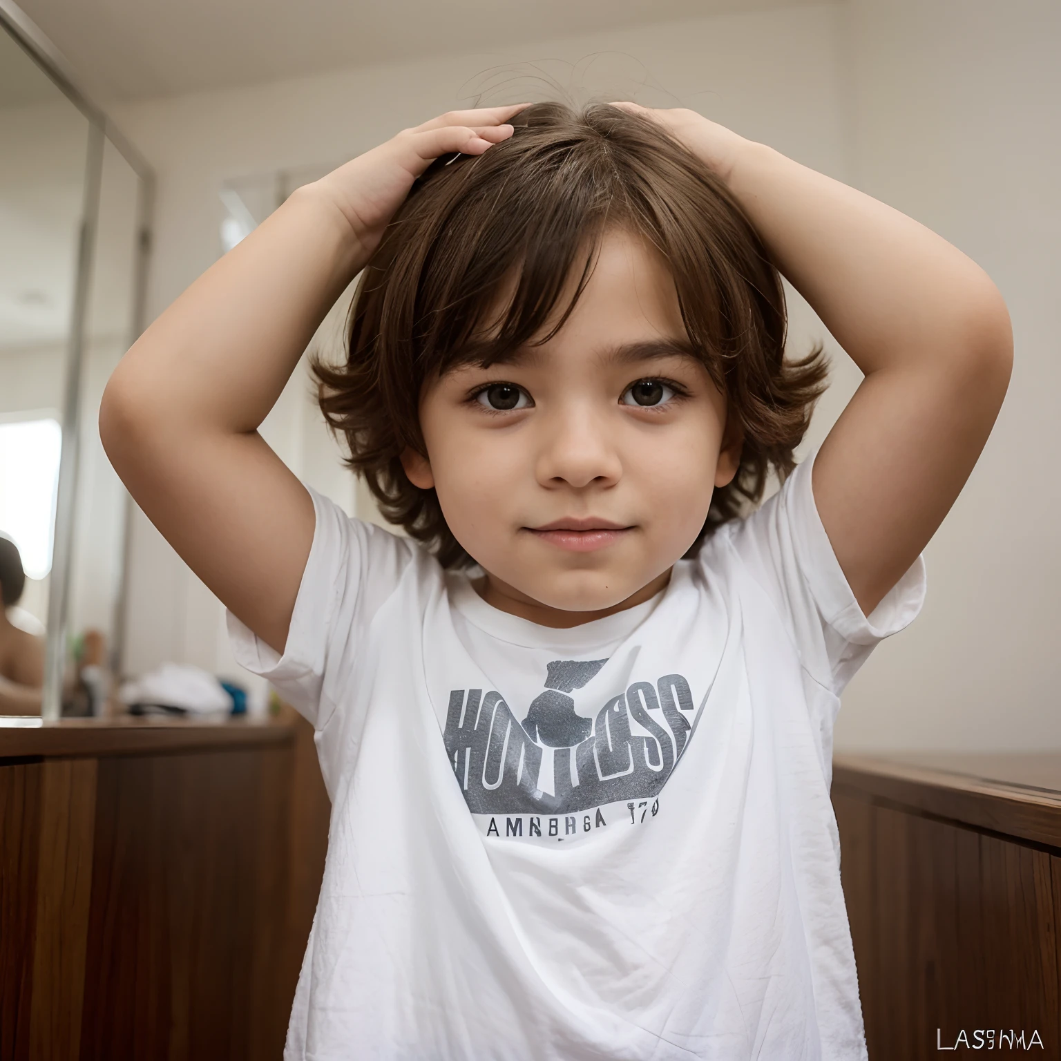 Menino de um ano, He is white, tem cabelos castanhos, realista