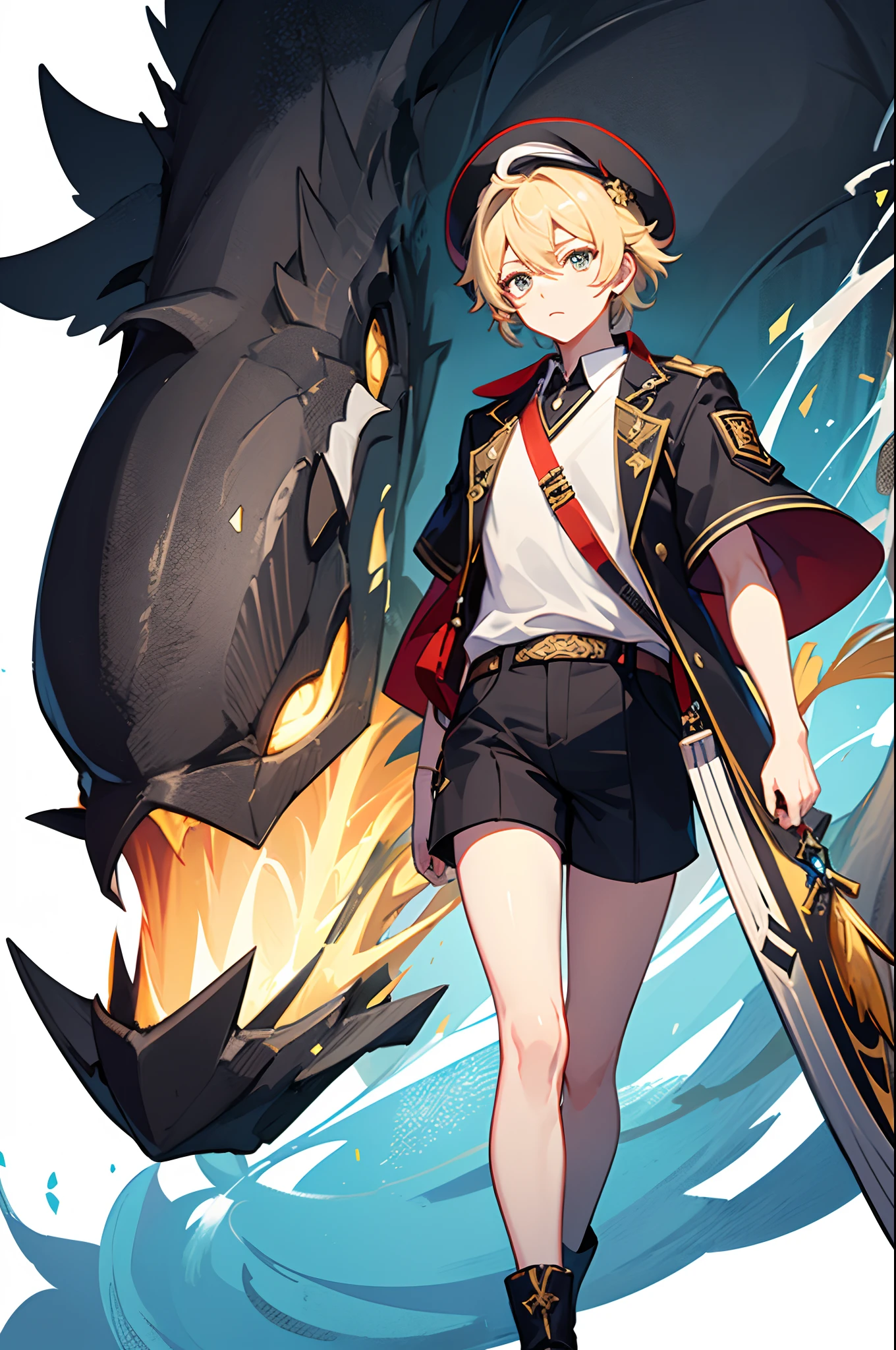 white background, empty background, 1boy, short hair, blonde hair, in the style of genshin impact or arknights, very short hair, dressed as a boy, shorts, short shorts, white polo shirt, wearing a hat, wearing a beret, mika from genshin impact