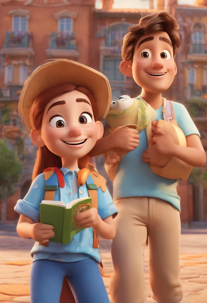 Cartoon of friends having fun on vacation together,  3D Animation Movie Poster, Poster de filme animado, pixar 3 d animation style, pixar renderman rendering, maia 8 mil, animated film, Disney Pixar Estilo 3D, amigos felizes saem juntos, all wearing light blue shirts and cream brown long pants, camisa azul clara, cream brown pants, ao ar livre, vacation, Disney Pixar Animation Poster