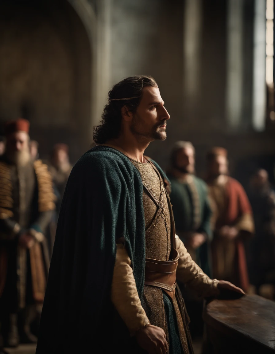 cinematic portrayal, parte superior do corpo, rosto, facing the audience, (realidade :1.3), uma das obras mais bonitas do mundo, A man looks at the camera, trajes medievais, (roupas velhas danificadas e desgastadas :1.4), rosto bonito detalhado, Action Shooting, Fundo antigo da cidade, fotos realistas, CG, Art Station