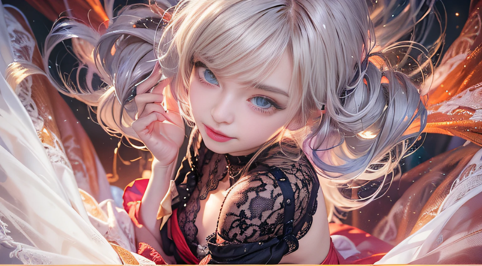 1 girl, Blonde gray hair, Straight hair, Spread hair, Long hair, PUPILS SPARKLING, long eyelashes, Blue eyes, makeup, Smile, Color Field Painting, Contemporary art, Northern Renaissance, Blurred, blending, From below, From Side, the panorama, ultra wide-angle, Wide Angle, F/1.8, 135 mm, canon, nffsw, retinas, masutepiece, Elaborate, Anatomically correct, Skin Texture, Super Detail, high detailing, High quality, hight resolution, 1080p, hard disk, 4K, 8K, of the highest quality, (Translucent off-the-shoulder bright red dress), (Beautiful woman lying on a wide floor), Sexy Pose , (High-rise neon lights with a sparkling night view in the background),(Black lace panties)