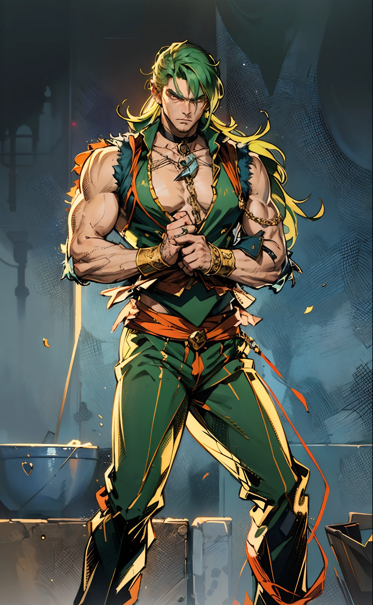 A young man, long orange-green hair, with the lengthy hair bangs covering most of his face, revealing a fierce gaze, a red stripe on the side of his face, a loose and simple sleeveless dark vest, exposing his sturdy muscles, wearing fabric wrist guards, coarse cloth trousers matching the outfit, he clenches his fists in front of his chest, assuming a combat-ready stance, the backdrop features a bustling market in a medieval fantasy-style setting, this character embodies a finely crafted fantasy-style street thug in anime style, characterized by an exquisite and mature manga illustration art style, high definition, best quality, highres, ultra-detailed, ultra-fine painting, extremely delicate, professional, anatomically correct, symmetrical face, extremely detailed eyes and face, high quality eyes, creativity, RAW photo, UHD, 8k, Natural light, cinematic lighting, masterpiece-anatomy-perfect, masterpiece:1.5