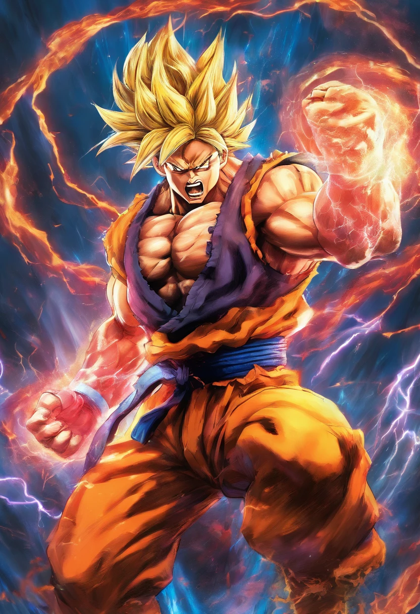 Realistic 3D rendering of Goku Super Saiyan fused Aquaman, surrounded by lightning, grande musculatura, fotografia de corpo inteiro, hiper-realista