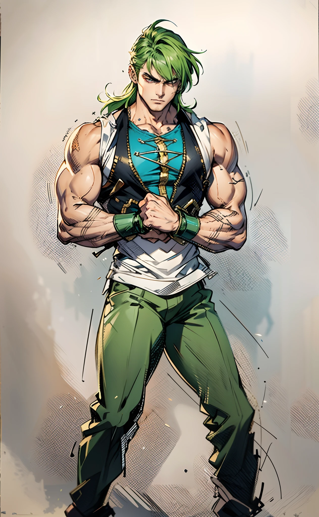 A young man, long orange-green hair, with the lengthy hair bangs covering most of his face, revealing a fierce gaze, a red stripe on the side of his face, a loose and simple sleeveless dark vest, exposing his sturdy muscles, wearing fabric wrist guards, coarse cloth trousers matching the outfit, he clenches his fists in front of his chest, assuming a combat-ready stance, the backdrop features a bustling market in a medieval fantasy-style setting, this character embodies a finely crafted fantasy-style street thug in anime style, characterized by an exquisite and mature manga illustration art style, high definition, best quality, highres, ultra-detailed, ultra-fine painting, extremely delicate, professional, anatomically correct, symmetrical face, extremely detailed eyes and face, high quality eyes, creativity, RAW photo, UHD, 8k, Natural light, cinematic lighting, masterpiece-anatomy-perfect, masterpiece:1.5