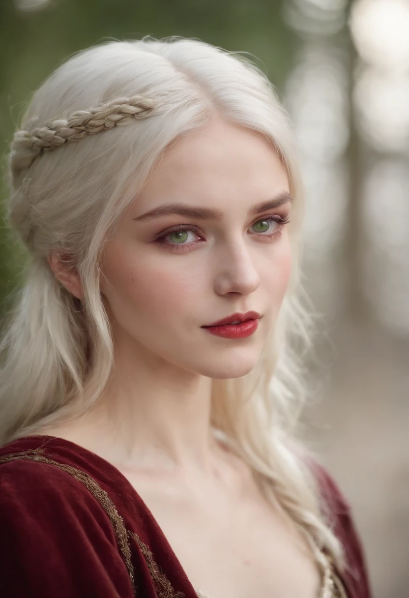 (((a deep reddish wound crosses her left cheek))) fair complexion, woman around 19 years old, natural white hair, distinctive green eyes, wearing kohl, slender and graceful, beautiful, candlelight in a medieval setting, ultra sharp focus, realistic shot, medieval female clothes, tetradic colors (scar:1.4)