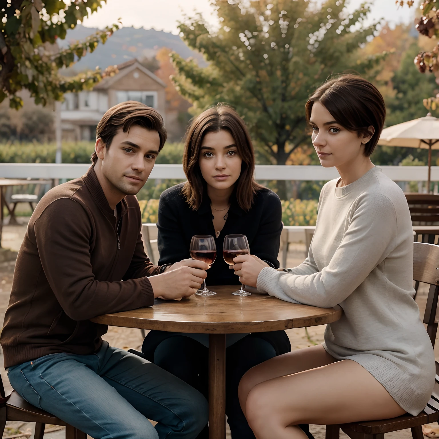 A pixar-style image of three adult people,sendo um homem e duas mulheres. The man's eyes are blue and he has short hair and the eyes of the mother and daughter are brown, They are sitting at a table drinking wine in front of a winery on an autumn-winter afternoon