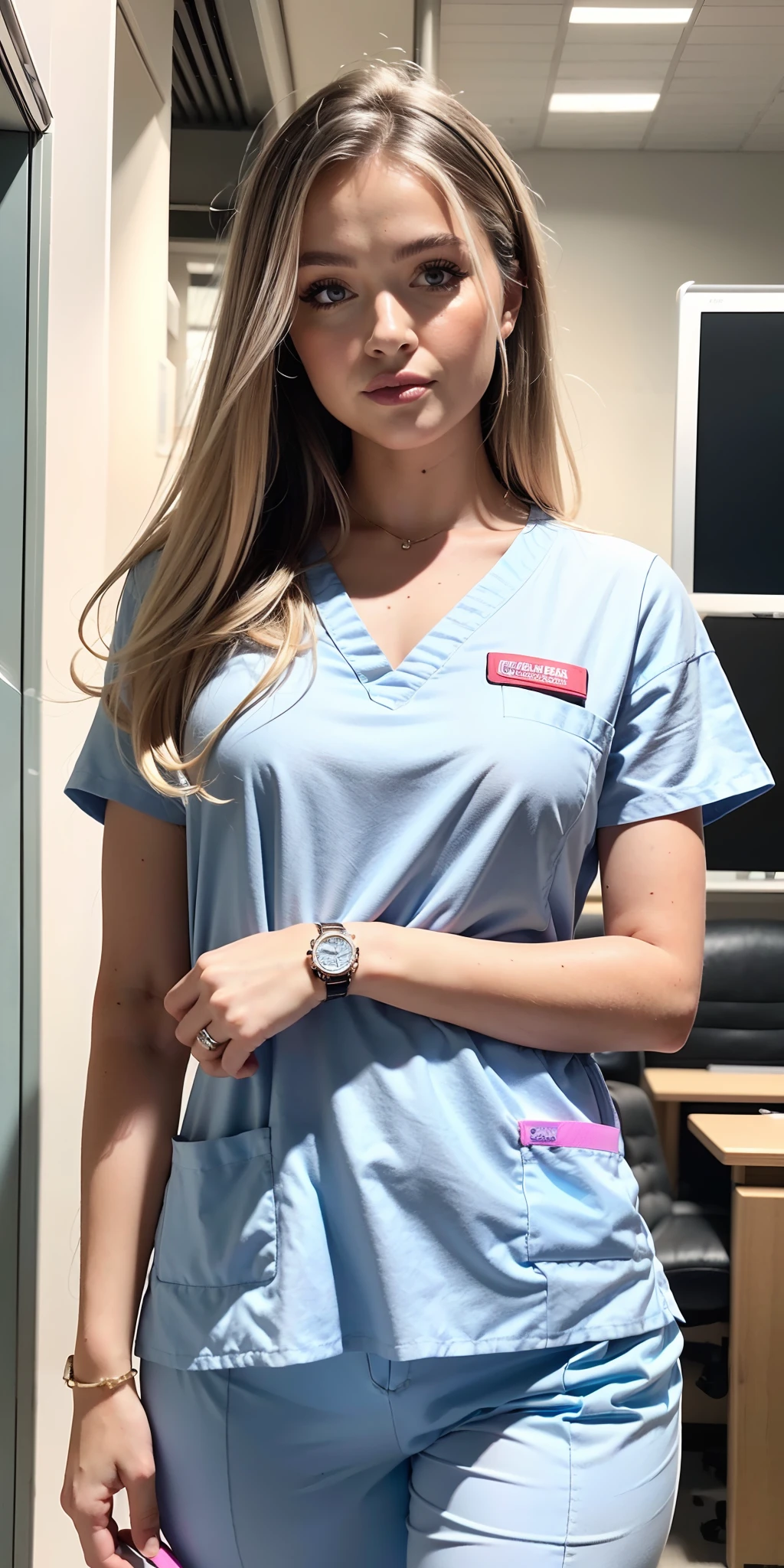 Soraya Eckes, Outfit: Embrace a professional and stylish look as a nurse, while maintaining modesty. Opt for a fitted scrub top with a higher neckline, paired with comfortable and functional scrub pants. Add a unique twist with a patterned or colorful scrub set. Choose comfortable and supportive shoes suitable for long shifts. Accessorize with a cute badge reel and a sleek watch. Venue: A modern and well-organized hospital or clinic with bright and clean hallways and patient rooms. Decoration: Keep the decor simple and functional, with comfortable seating and soothing colors. Add personalized touches like motivational quotes or uplifting artwork to create a positive and calming atmosphere. BREAK, looking at viewer, masterpiece, best quality, highly detailed, desire, blush, (Beautiful and detailed eyes description), (beautiful and detailed face), Perfect female body, (Best Quality), (ultra-detailed), (master piece), (hight resolution), (Original), (the Extremely Detailed CG Unity 8K Wallpapers)