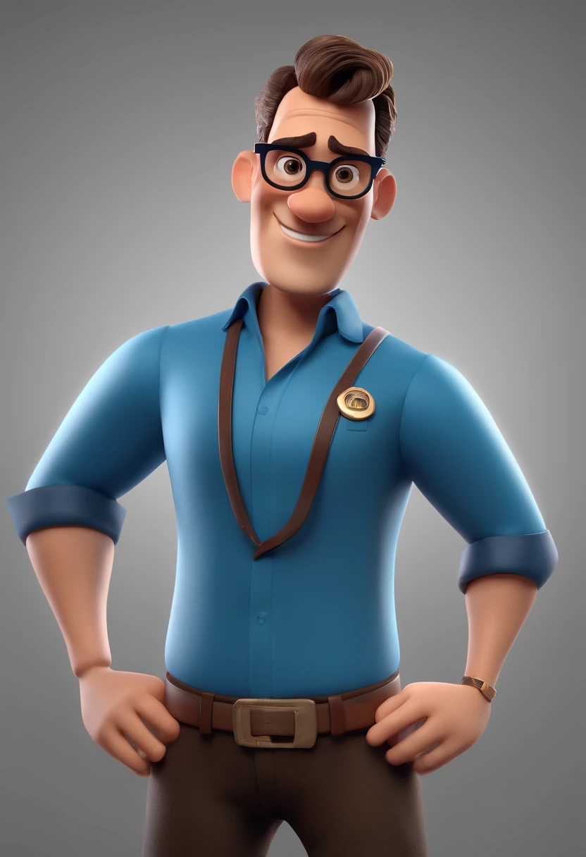Cartoon character of a man with black glasses and a blue shirt, animation character, Caractere estilizado, animation style rendering, 3D estilizado, Arnold Maya render, 3 d render stylized, toon render keyshot, Personagem 3D, Personagem 3D, 3d rendering stylized, 3 d character render, personagem de desenho animado, Personagem de close up, Pose de personagem,  (Estilo Pixar) (master part:1.2) (Bokeh) (best quality) (pele detalhada) (textura detalhada) (8k) (argila) (Cinematic lighting) (foco nítido