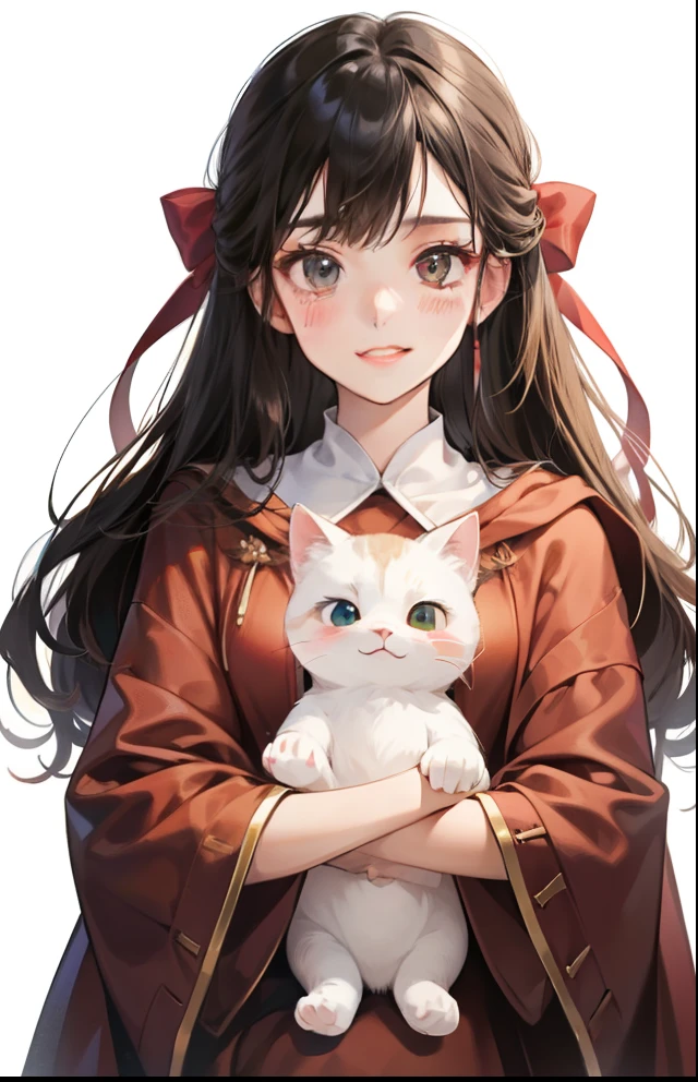 girl with、Background white、without background、A dark-haired、The long-haired、with blush cheeks、Embarrassing、brown robes、Onepiece、I have a cat guru、Stuffed cat、frilld、bow ribbon、smil、kawaii、without background