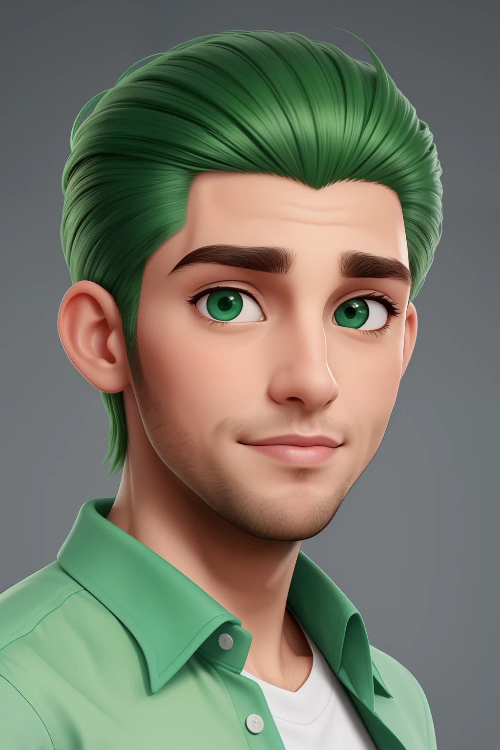 Um homem de 30 anos, com cabelos castanhos claros curtos,face de diamante, olhar rigoroso, e olhos verdes, vestindo camisa branca social.