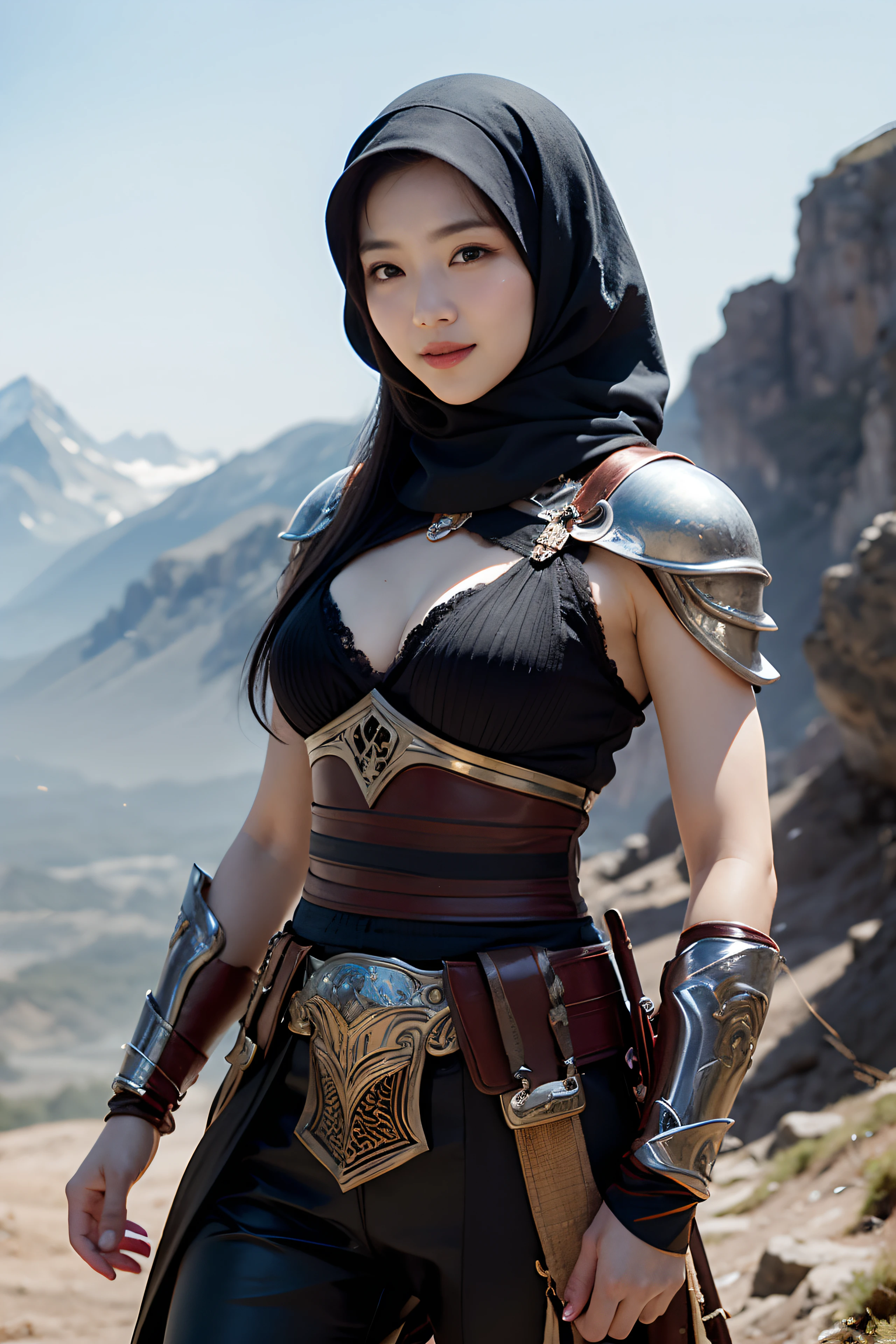 model shoot, (1 girl), Islamic warrior, hyper realistic, super detailed, Dynamic shot, masterpiece, scene sharp details, perfect eyes, perfect skin, perfect hands, fierce looking, mountains, battle field, seductive smiling