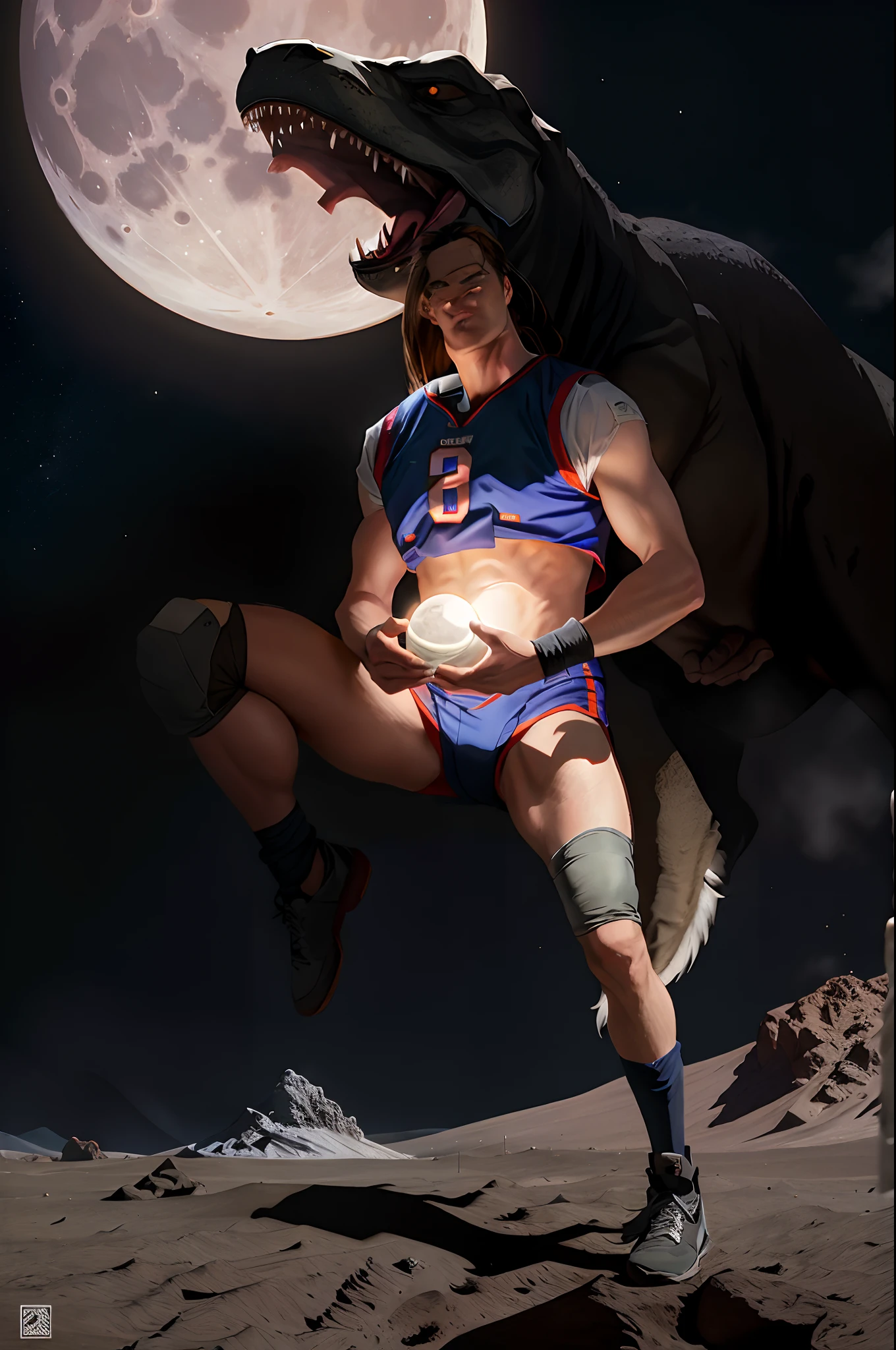 tom brady on the moon with a t. rex