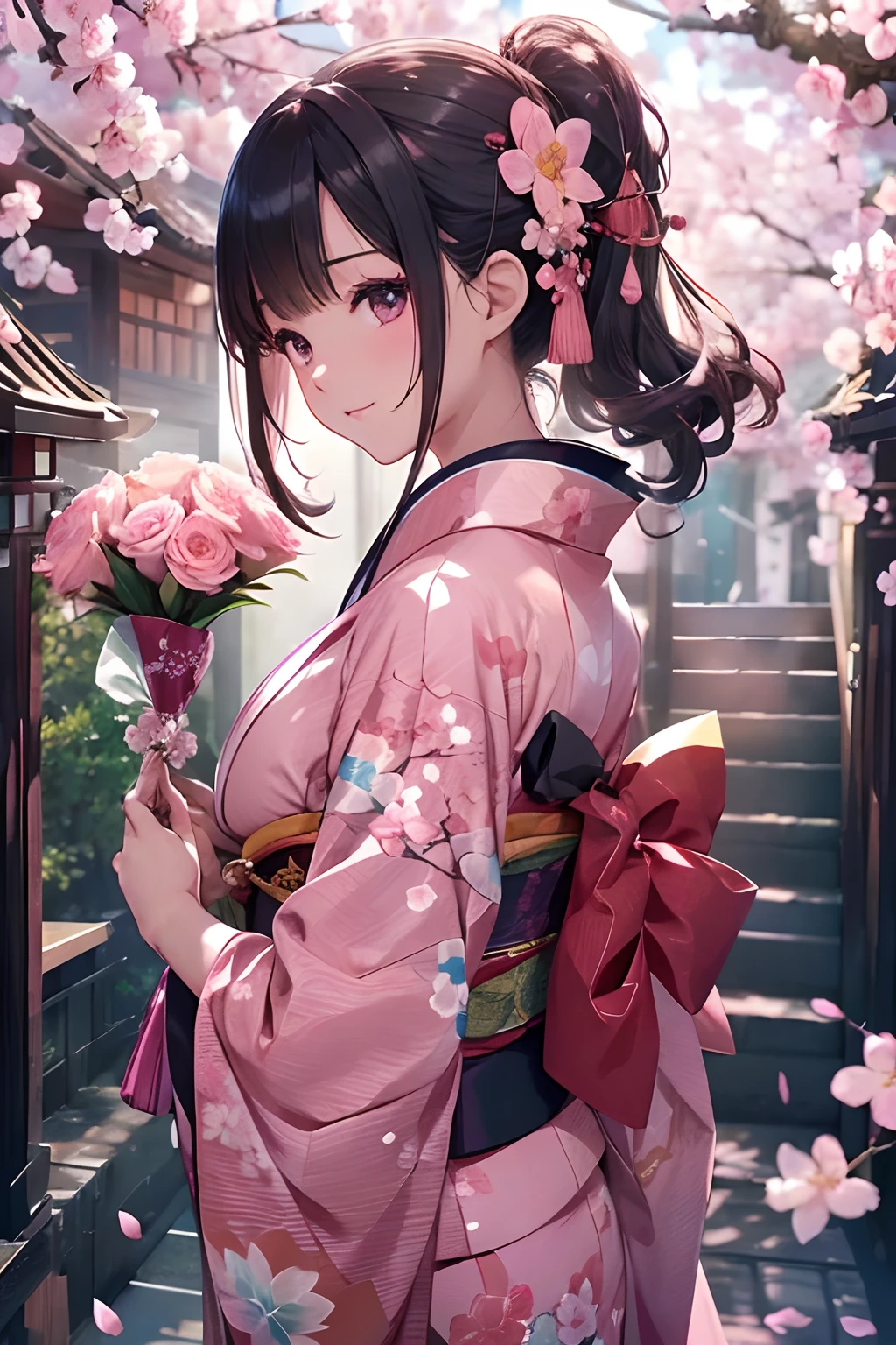 ((masterpiece1.5)),hyper quality, Hyper Detailed,Perfect drawing,1girl in,((Bigger breasts)),kawaii ,With smiling eyes,(((Beautiful kimono))),(((Luxury kimono)))、(Beautiful embroidery)3D,16K illustrations,((clearface)),Hi-Res,nice background、(((beatiful backgrounds)))、(((Detailed drawing)))、Perfect Beautiful Girl、(((Perfect Photo)))、kirakira、shiny、a gorgeous、high-class sense、A dark-haired、(((pink seduction background)))、(thin-waist)、top-quality、Red face、master piece,hyper quality, Hyper Detailed,Perfect drawing,。.3D,16K illustrations、Hi-Res、1 persons、japanaese girl、A dark-haired、poneyTail、Red ribbons、Cute even though her eyes are tight、(((luxury
kimono)))、(((Holding a wrapped bouquet)))、((Plum blossoms))、((peach blossoms))、((cherryblossom))、Back view、Detailed drawing、Best Quality, Capture super cute moments, depth of fields, ultra-detailliert, High resolution, C4D, Octadale, 3D Modeling, Delicate and detailed depiction、Shooting from the back diagonally below、((moonlights))、superclear、Full of charm、masterpi