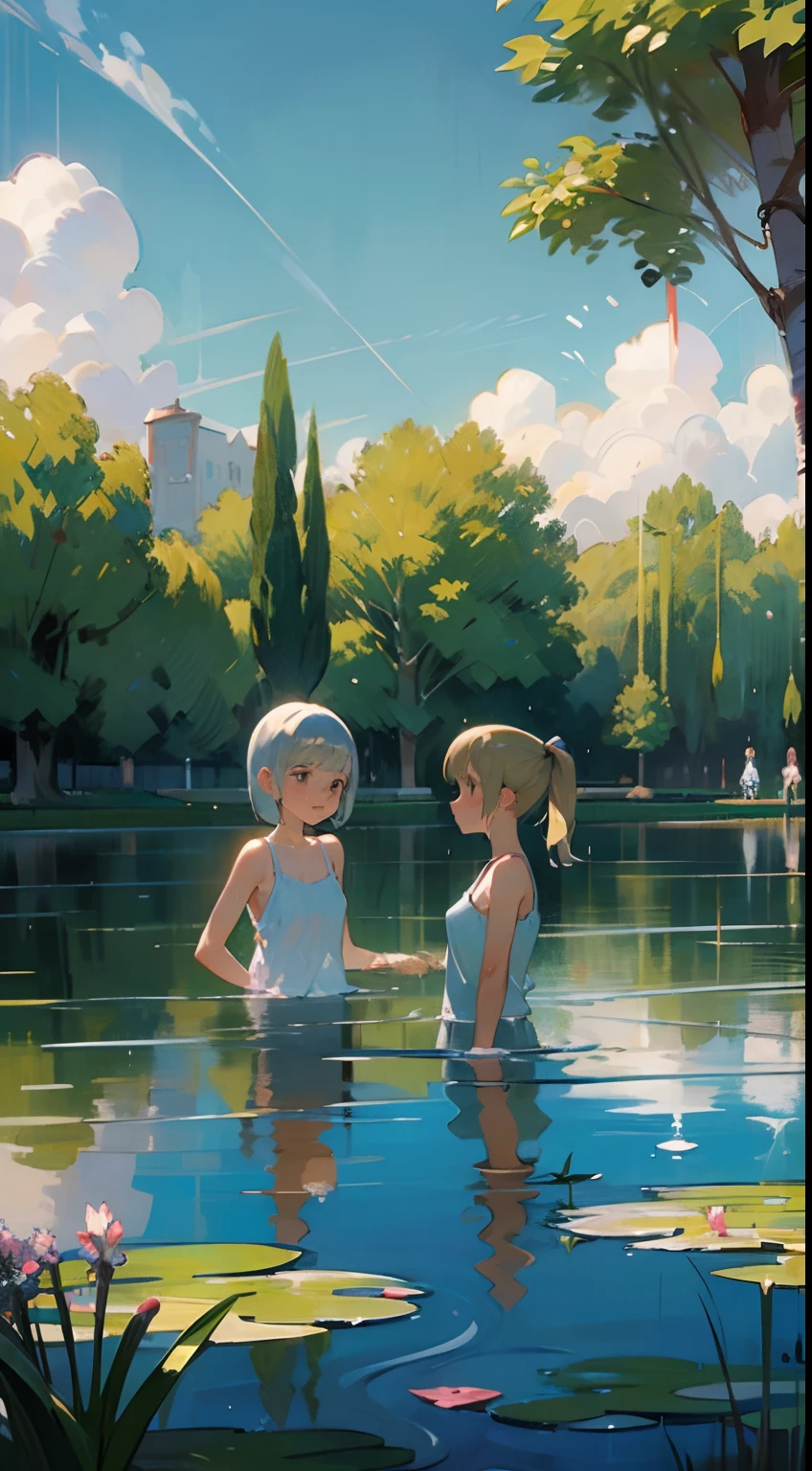 In Claude Monet sttle, Impressionism, 2 girls, white camisole, , one girl is short silver hair,one girl is blond pony tail, pond, ((wet))