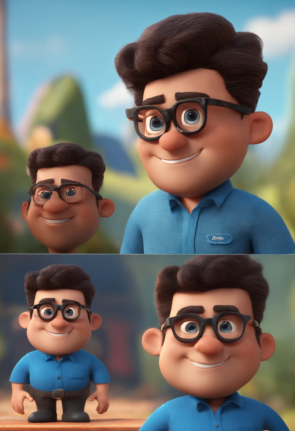 Cartoon character of a man with black glasses and a blue shirt, animation character, Caractere estilizado, animation style rendering, 3D estilizado, Arnold Maya render, 3 d render stylized, toon render keyshot, Personagem 3D, Personagem 3D, 3d rendering stylized, 3 d character render, personagem de desenho animado, Personagem de close up, Pose de personagem, (Estilo Pixar) (master part:1.2) (Bokeh) (best quality) (pele detalhada) (textura detalhada) (8k) (argila) (Cinematic lighting) (foco nítido