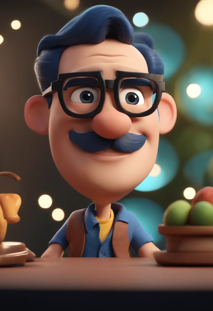 Cartoon character of a man wearing black glasses and a blue shirt, um personagem animado, Caractere estilizado, animation style rendering, 3D estilizado, Arnold Maya render, 3 d render stylized, toon render keyshot, Personagem 3D, Personagem 3D, 3d rendering stylized, 3 d character render, personagem de desenho animado, Personagem de close up, Pose de personagem, (Estilo Pixar) (master part:1.2) (Bokeh) (best quality) (pele detalhada) (textura detalhada) (8k) (argila) (Cinematic lighting) (foco nítido,Senta e vaza a parte superior do corpo