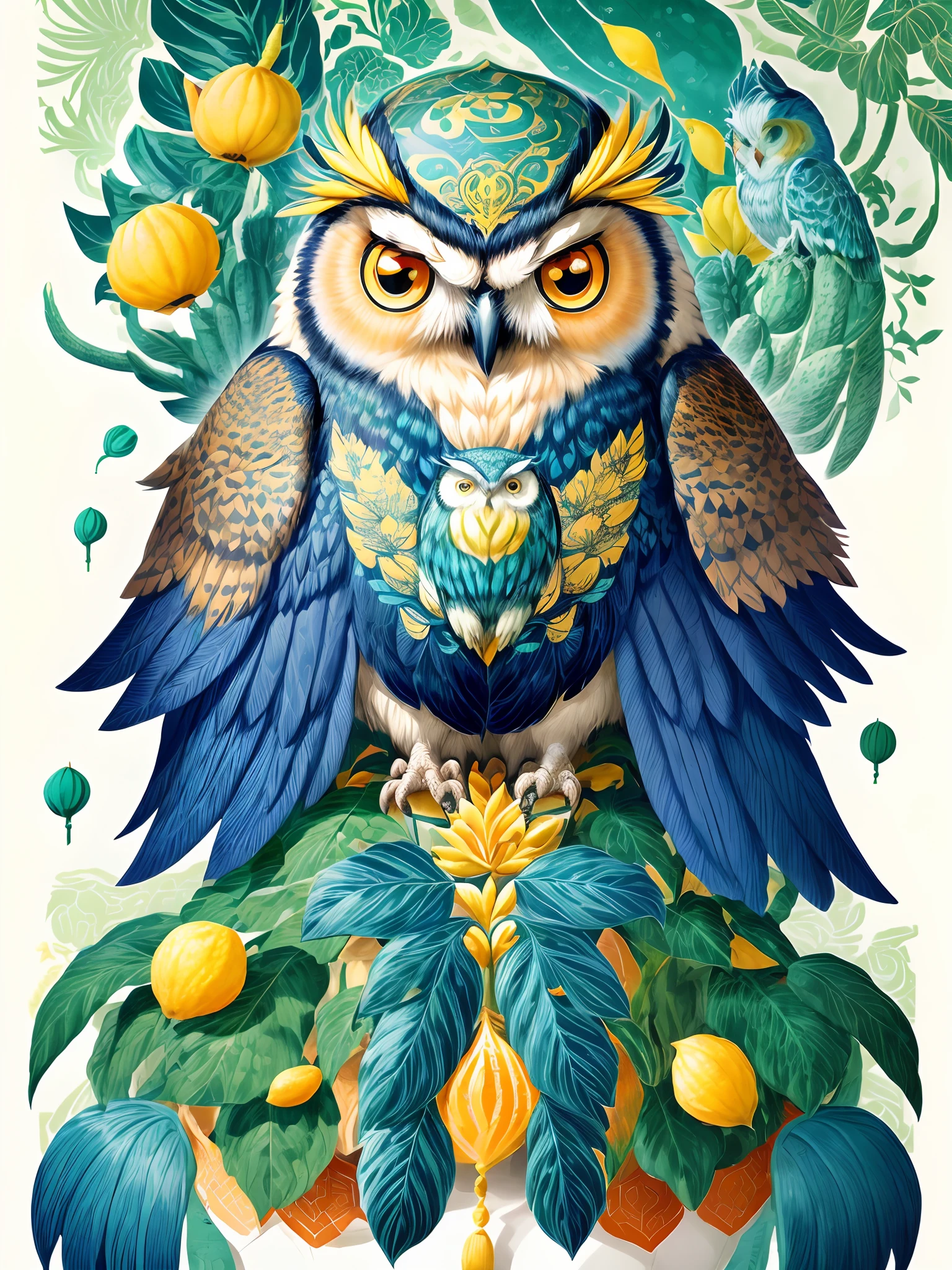 Huge owls，Graphical environment，Vector graphics，icon design，Thick lines，white backgrounid，woodcut print，The art of Chinese carving，coffee mug，coffee machines，Cupcakes，book，cacti，Line drawing illustration，Two-dimensional animation，planar，Exquisite details，Klein blue with lemon yellow，Rainforest broadleaf plant background，Abstractionism。