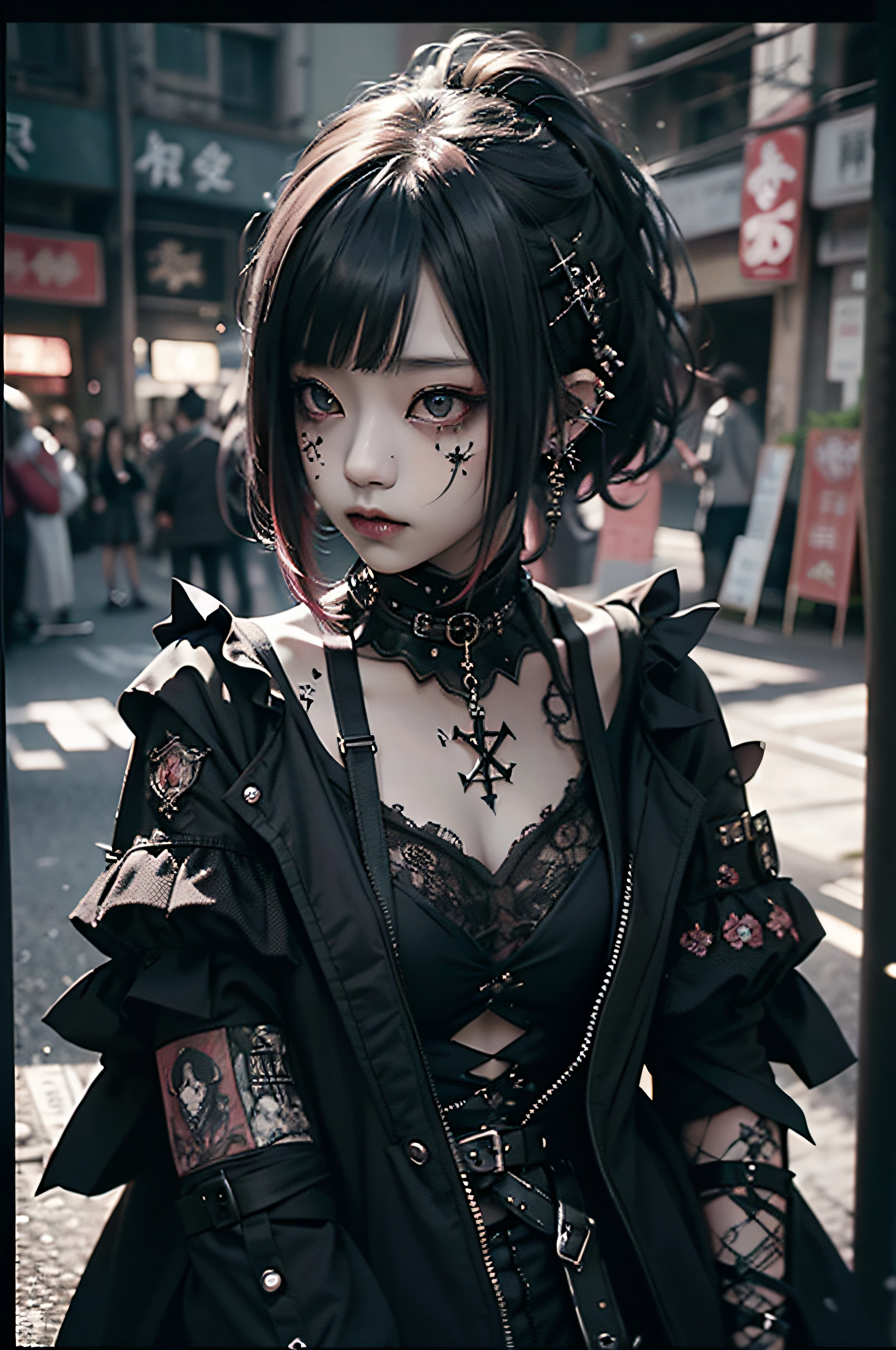 top-quality、8K、masterpiece:1.3、Gothic punk、Red inner color、A dark-haired、hair adornments、a beauty girl、creative、dark fantasy style、Neogos、Goth Fashion:1.2