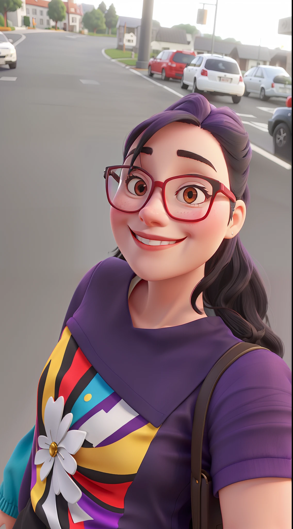 White woman smiling with red glasses, black hair, purple blouse with colorful print