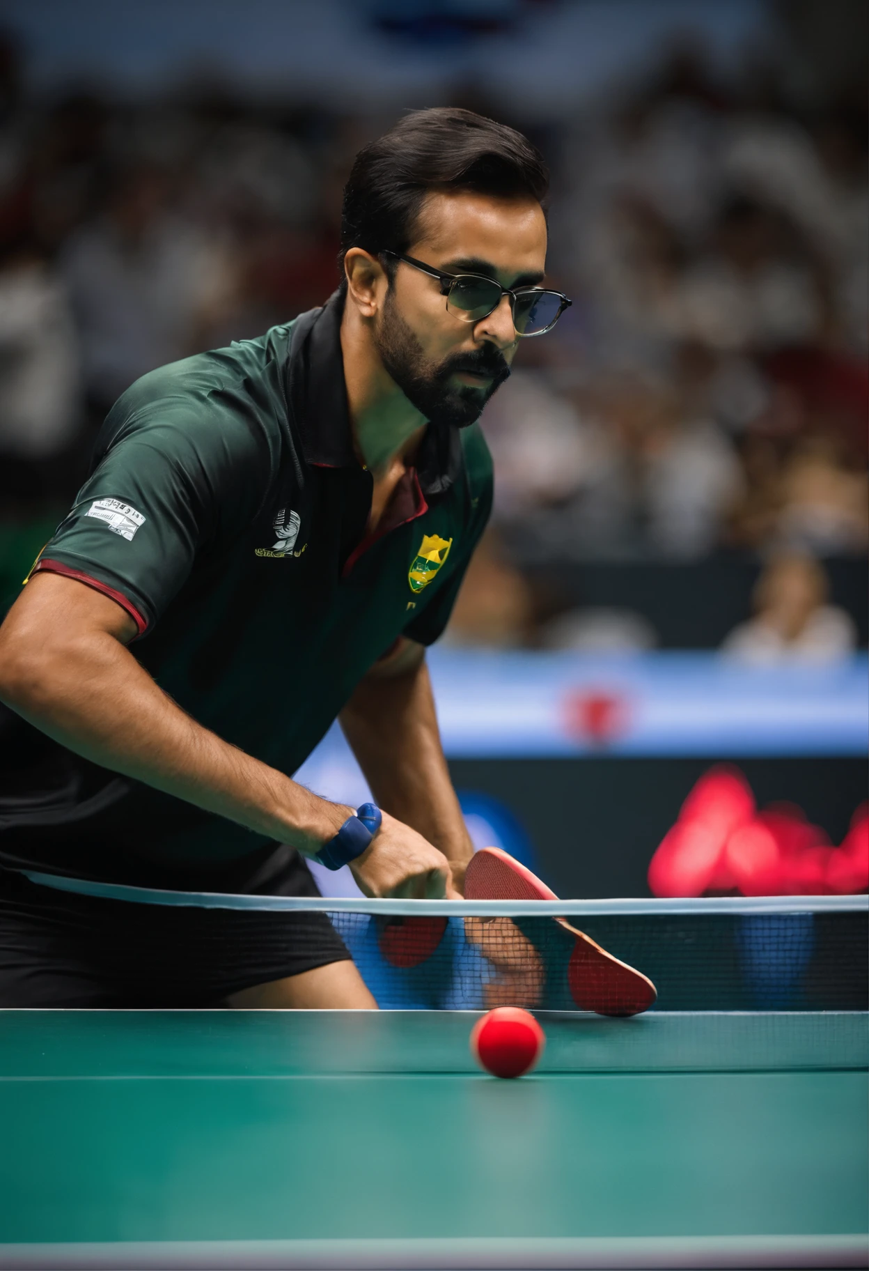 Jovem homem, de pele parda, barba longa, e cabelo preto, Round and black glasses, Playing table tennis for the Brazilian national team, em um campeonato mundial de Ping Pong pela wtt