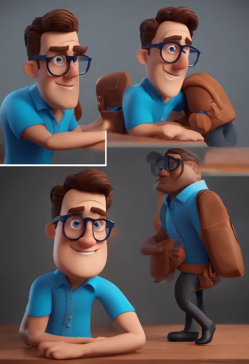 Cartoon character of a man with black glasses and a blue shirt, animation character, Caractere estilizado, animation style rendering, 3D estilizado, Arnold Maya render, 3 d render stylized, toon render keyshot, Personagem 3D, Personagem 3D, 3d rendering stylized, 3 d character render, personagem de desenho animado, Personagem de close up, Pose de personagem, (Estilo Pixar) (master part:1.2) (Bokeh) (best quality) (pele detalhada) (textura detalhada) (8k) (argila) (Cinematic lighting) (foco nítido