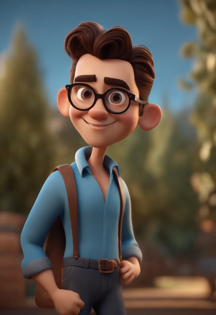Cartoon character of a man with black glasses and a blue shirt, animation character, Caractere estilizado, animation style rendering, 3D estilizado, Arnold Maya render, 3 d render stylized, toon render keyshot, Personagem 3D, Personagem 3D, Renderi estilizada, 3 d character render, personagem de desenho animado, Personagem de close up, Pose de personagem, (Estilo Pixar) (master part:1.2) (Bokeh) (best quality) (pele detalhada) (textura detalhada) (8k) (argila) (Cinematic lighting) (foco nítido