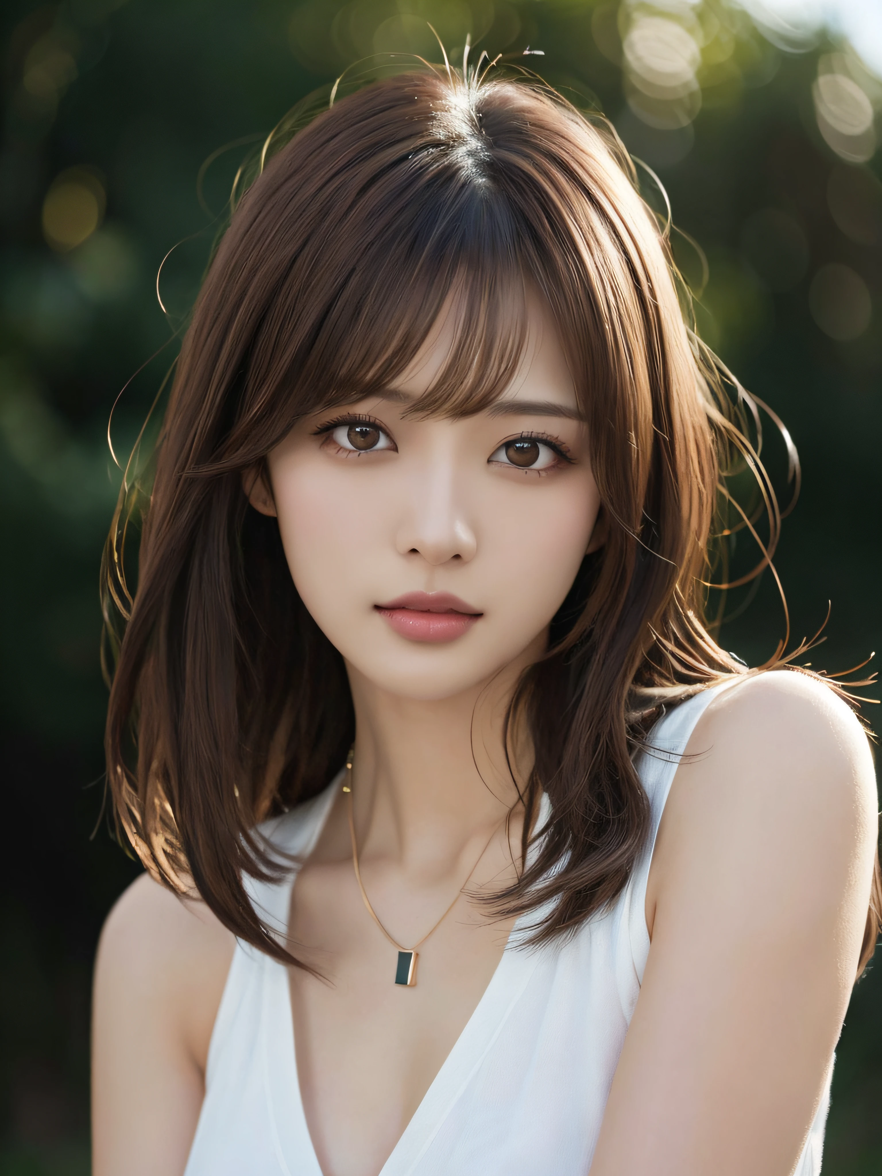 (top-quality、超A high resolution、in 8K、​masterpiece、realisitic、Photorealsitic)、Pretty Japan woman、1 persons、Break HA、Brown hair、long、(Colossal tits:1.2)、The upper part of the body、From Side、detailed hairs、hyperdetailed face、Detailed skin、Detailed lips、Break HA、broad shoulders、Beige knitted dresses、Navy blue jersey、bare-legged、BREAK、(home:1.2)、Daytime、Natural lighting