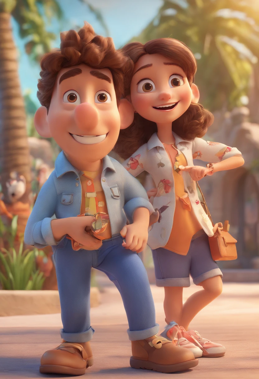 Cartoon of friends having fun on vacation together, 3D Animation Movie Poster, Poster de filme animado, pixar 3 d animation style, pixar renderman rendering, maia 8 mil, animated film, Disney Pixar Estilo 3D, amigos felizes saem juntos, all wearing light blue shirts and cream brown long pants, camisa azul clara, cream brown pants, ao ar livre, vacation, Disney Pixar Animation Poster
