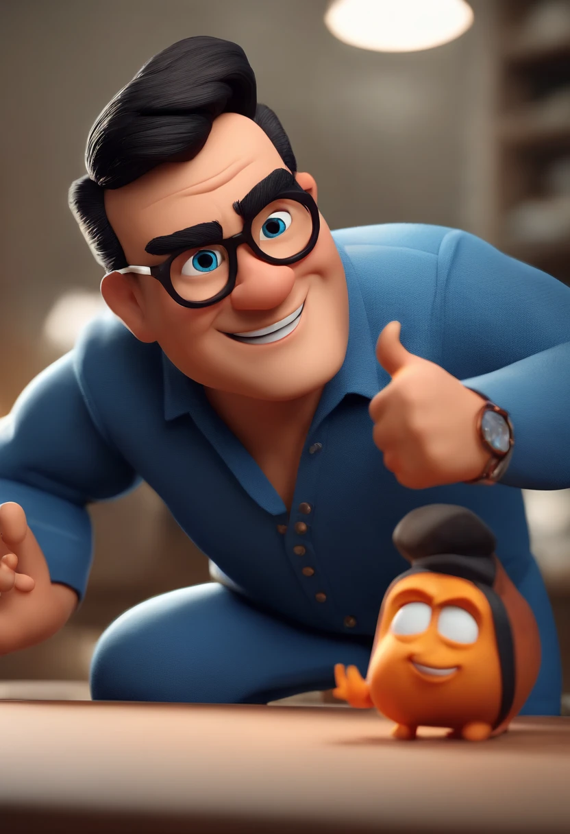 Cartoon character of a man wearing black glasses and a blue shirt, um personagem animado, Caractere estilizado, animation style rendering, 3D estilizado, Arnold Maya render, 3 d render stylized, toon render keyshot, Personagem 3D, Personagem 3D, 3d rendering stylized, 3 d character render, personagem de desenho animado, Personagem de close up, Pose de personagem, (Estilo Pixar) (master part:1.2) (Bokeh) (best quality) (pele detalhada) (textura detalhada) (8k) (argila) (Cinematic lighting) (foco nítido，Senta e vaza a parte superior do corpo