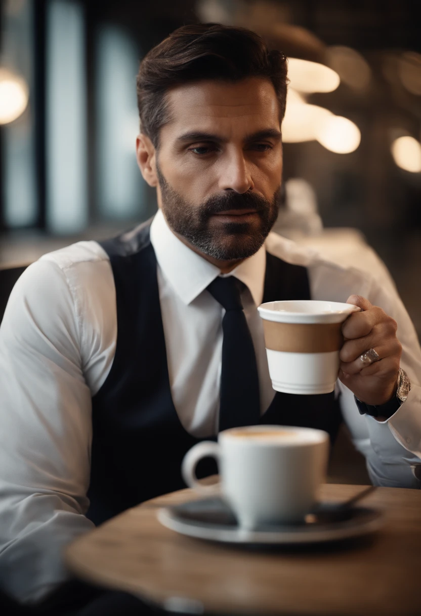 1man, 
a 45 y.o Greek male wearing long-sleeve white shirt and tie, drinking coffee,
soft lighting, 
masterpiece, best quality, 8k uhd, dslr, film grain, Fujifilm XT3 photorealistic