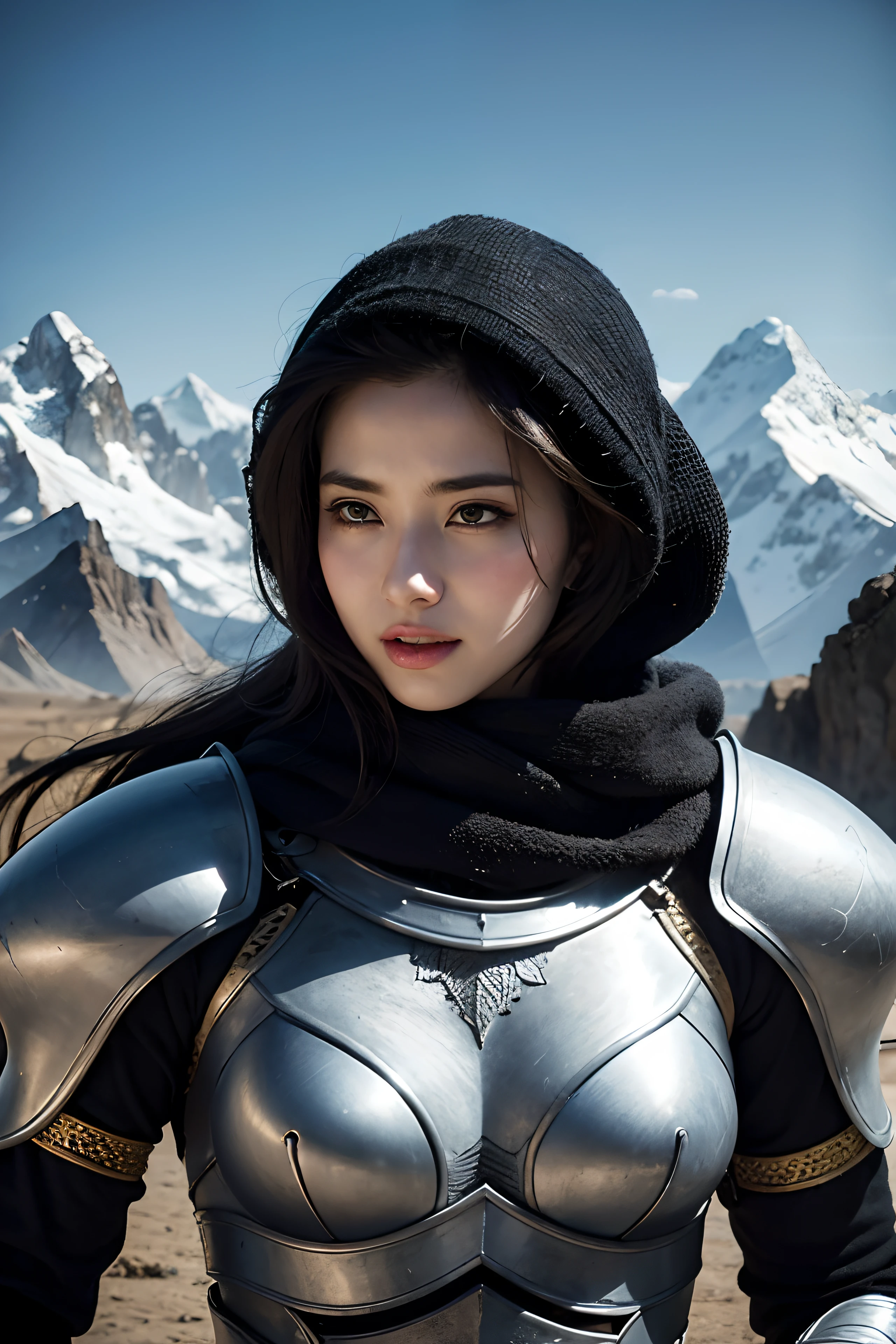 model shoot, (1 woman 30 year old), Islamic warrior, hyper realistic, super detailed, Dynamic shot, masterpiece, scene sharp details, perfect eyes, perfect skin, perfect hands, fierce looking, mountains, battle field, evil smiling