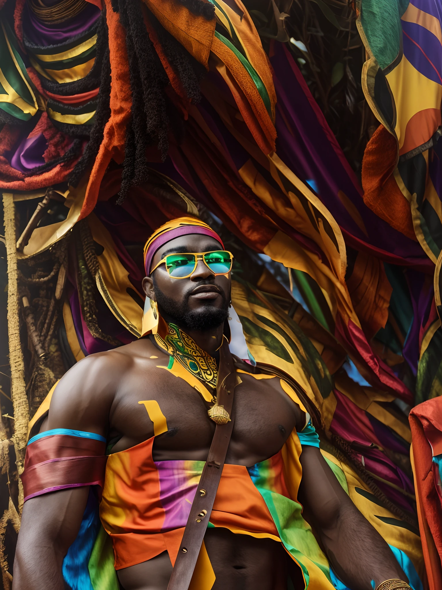 An afrofuturistic god wearing a rainbow armor, tribal armor, warrior, rainbow durag, ultra quality, afrofuturism, afrofuturistim fashion, jungle background, afrofuturistic glassess