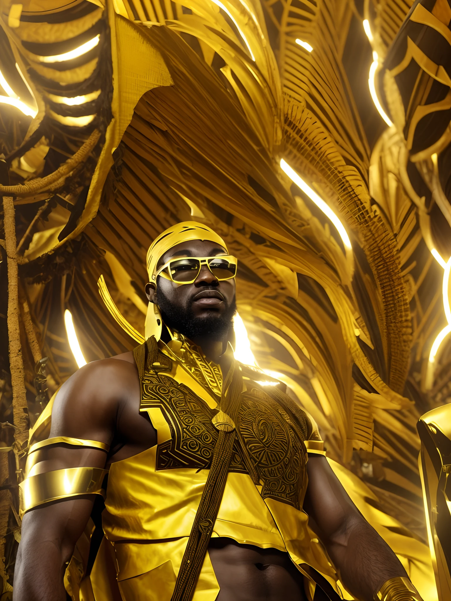 An afrofuturistic god wearing yellow armor, tribal armor, warrior, dark yellow durag, ultra quality, afrofuturism, afrofuturistim fashion, jungle background