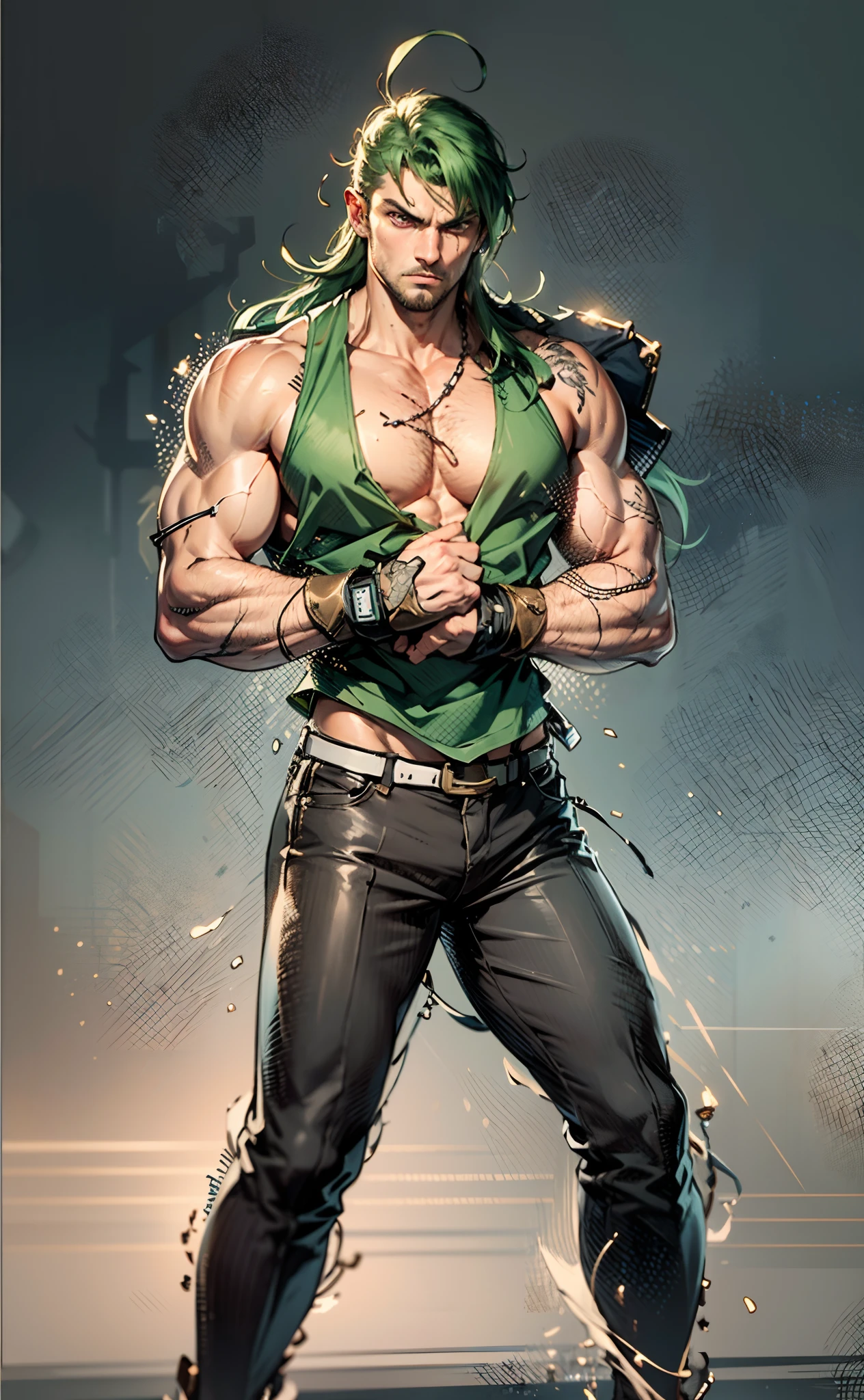 A young man, long orange-green hair, with the lengthy hair bangs covering most of his face, revealing a fierce gaze, a red stripe on the side of his face, a loose and simple sleeveless dark vest, exposing his sturdy muscles, wearing fabric wrist guards, coarse cloth trousers matching the outfit, he clenches his fists in front of his chest, assuming a combat-ready stance, the backdrop features a bustling market in a medieval fantasy-style setting, this character embodies a finely crafted fantasy-style street thug in anime style, characterized by an exquisite and mature manga illustration art style, high definition, best quality, highres, ultra-detailed, ultra-fine painting, extremely delicate, professional, anatomically correct, symmetrical face, extremely detailed eyes and face, high quality eyes, creativity, RAW photo, UHD, 8k, Natural light, cinematic lighting, masterpiece-anatomy-perfect, masterpiece:1.5