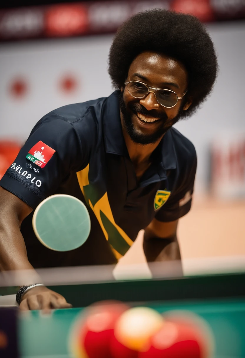 Jovem de 20 anos, pele parda, cabelo e barba escuros, with round black glasses, Happy and playing table tennis at the world championship of Ping pong, representing the Brazilian national team
