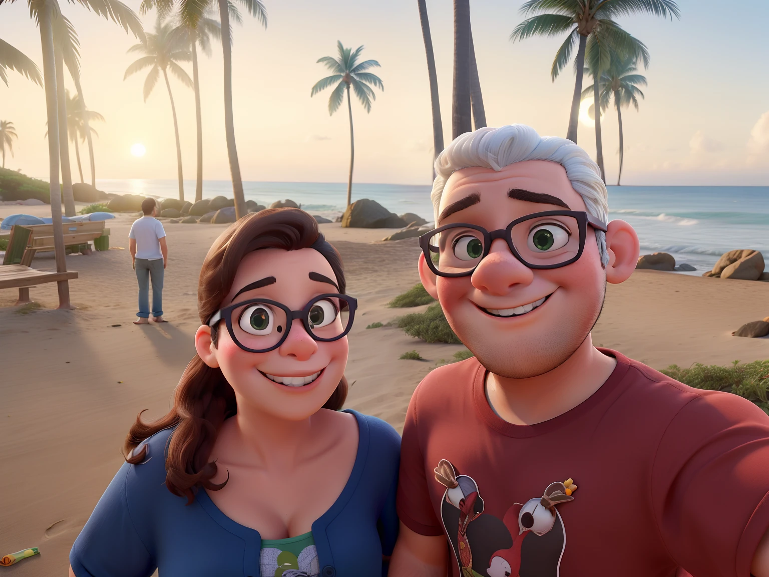 Crie uma imagem no estilo desenho pixar, casal posando para foto em uma praia, With a sunset in the background, com palmeiras em volta, ela tem cabelos na altura do ombro na cor castanho escuro, She is short with medium height and wears braces on her teeth, ele tem cabelos grizalhos curtos, Wear glasses and get bigger, are overweight.