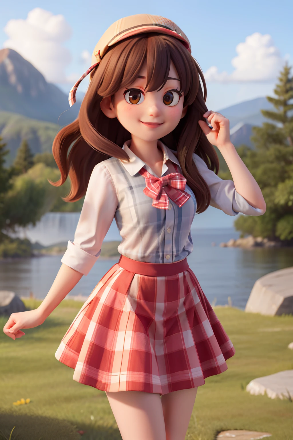 masterpiece, high quality best quality, 1 girl, bangs, beach, blue sky, blush, bow, cloud, cloudy sky, collarbone, day, grass, heart bow, horizon, lens_flare, light_rays, long_hair, Looking_at_viewer, love_letter, mountain, mountainous_horizon, ocean, outdoor, plaid_bikini, plaid_bowtie, plaid_bra, plaid_headwear, plaid_jacket, plaid_legwear, point of view, shirt, skirt, sky, smile, soil, sun, sunbeam, sunlight, tree, still_pattern, peitos grandes