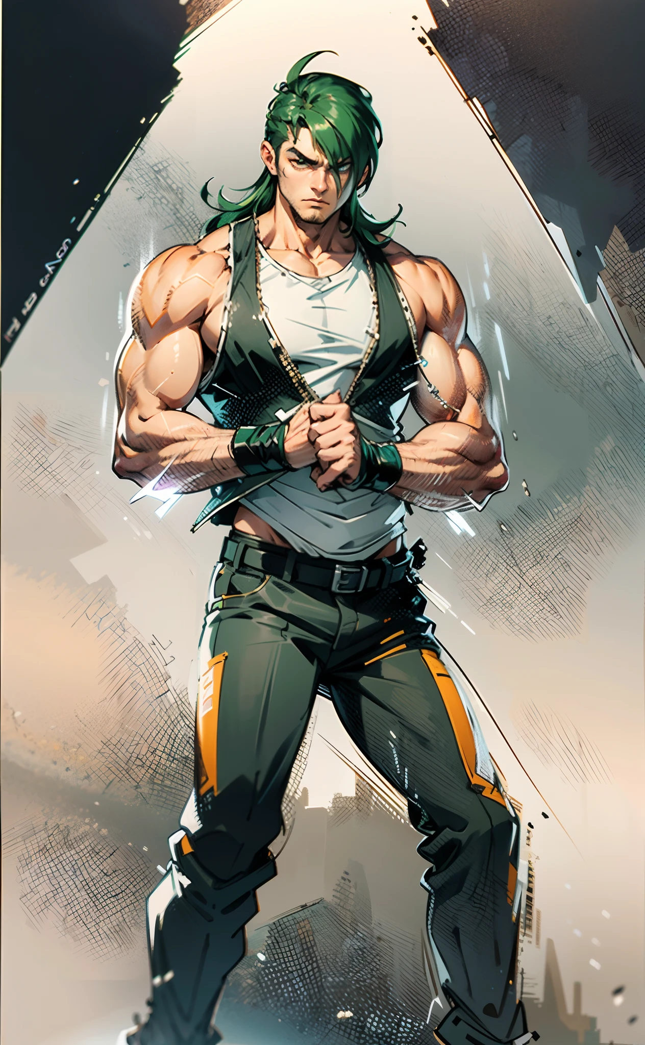A young man, long orange-green hair, with the lengthy hair bangs covering most of his face, revealing a fierce gaze, a red stripe on the side of his face, a loose and simple sleeveless dark vest, exposing his sturdy muscles, wearing fabric wrist guards, coarse cloth trousers matching the outfit, he clenches his fists in front of his chest, assuming a combat-ready stance, the backdrop features a bustling market in a medieval fantasy-style setting, this character embodies a finely crafted fantasy-style street thug in anime style, characterized by an exquisite and mature manga illustration art style, high definition, best quality, highres, ultra-detailed, ultra-fine painting, extremely delicate, professional, anatomically correct, symmetrical face, extremely detailed eyes and face, high quality eyes, creativity, RAW photo, UHD, 8k, Natural light, cinematic lighting, masterpiece-anatomy-perfect, masterpiece:1.5