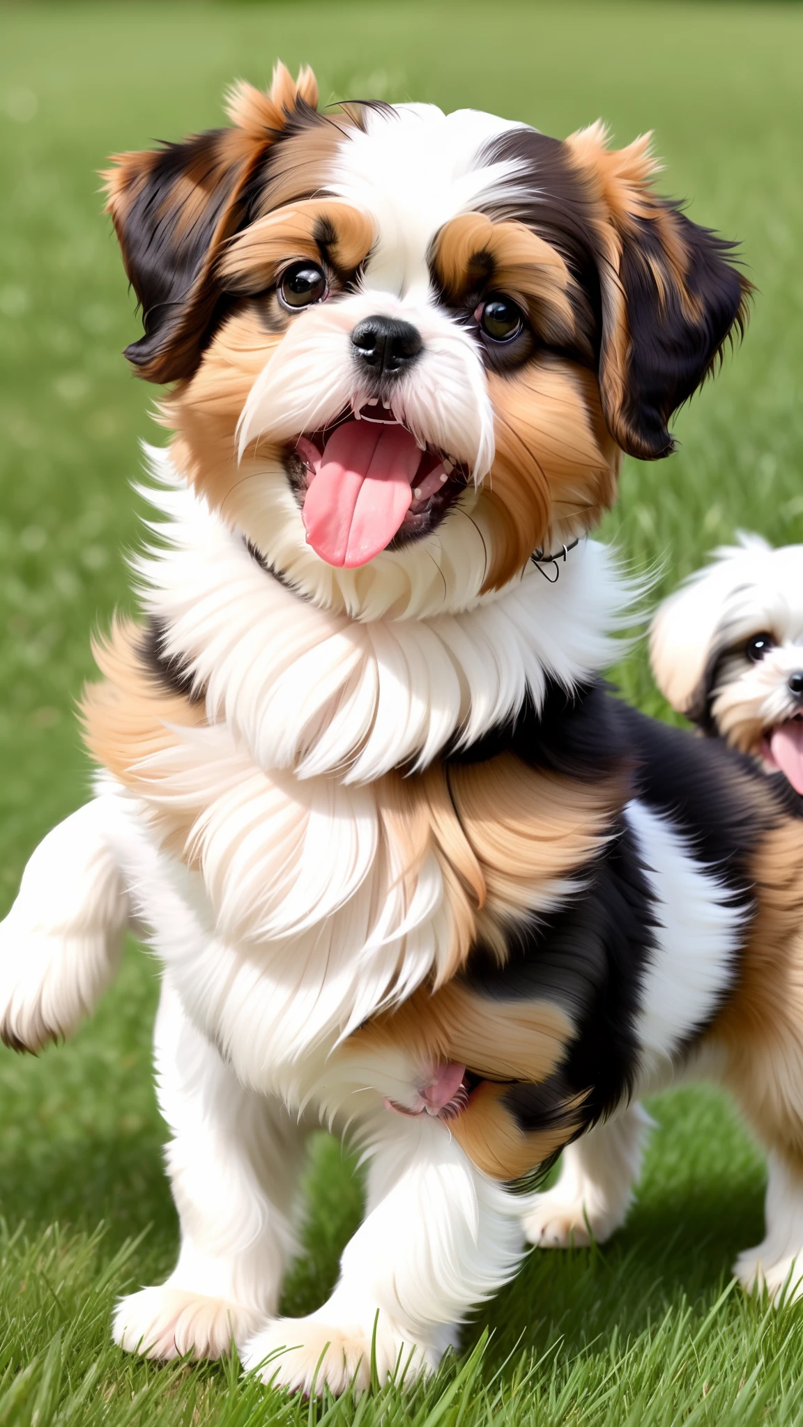 Cute puppy of the Shih-tzu breed with brown and cuddly chorus playing in the grass with his tongue out making fun