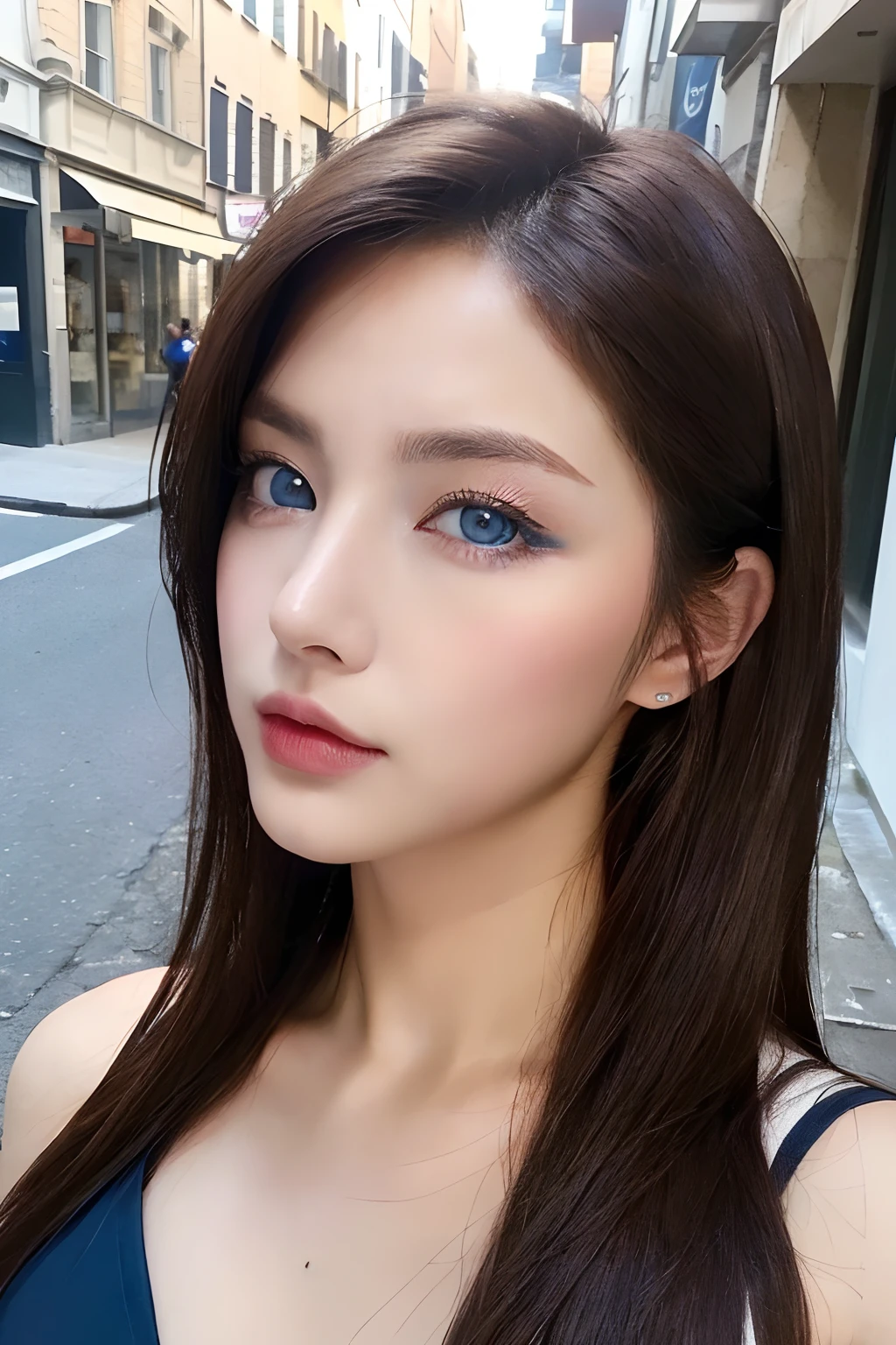 (Italian woman、Perfect Style Beauty:1.4、Slender abs:1.2、((Dark brown hair、Blue Eye、爆乳:1.2))、(Natural Soft Light、City Street:1.1)、Face and skin texture、Eye for detail、二重まぶた