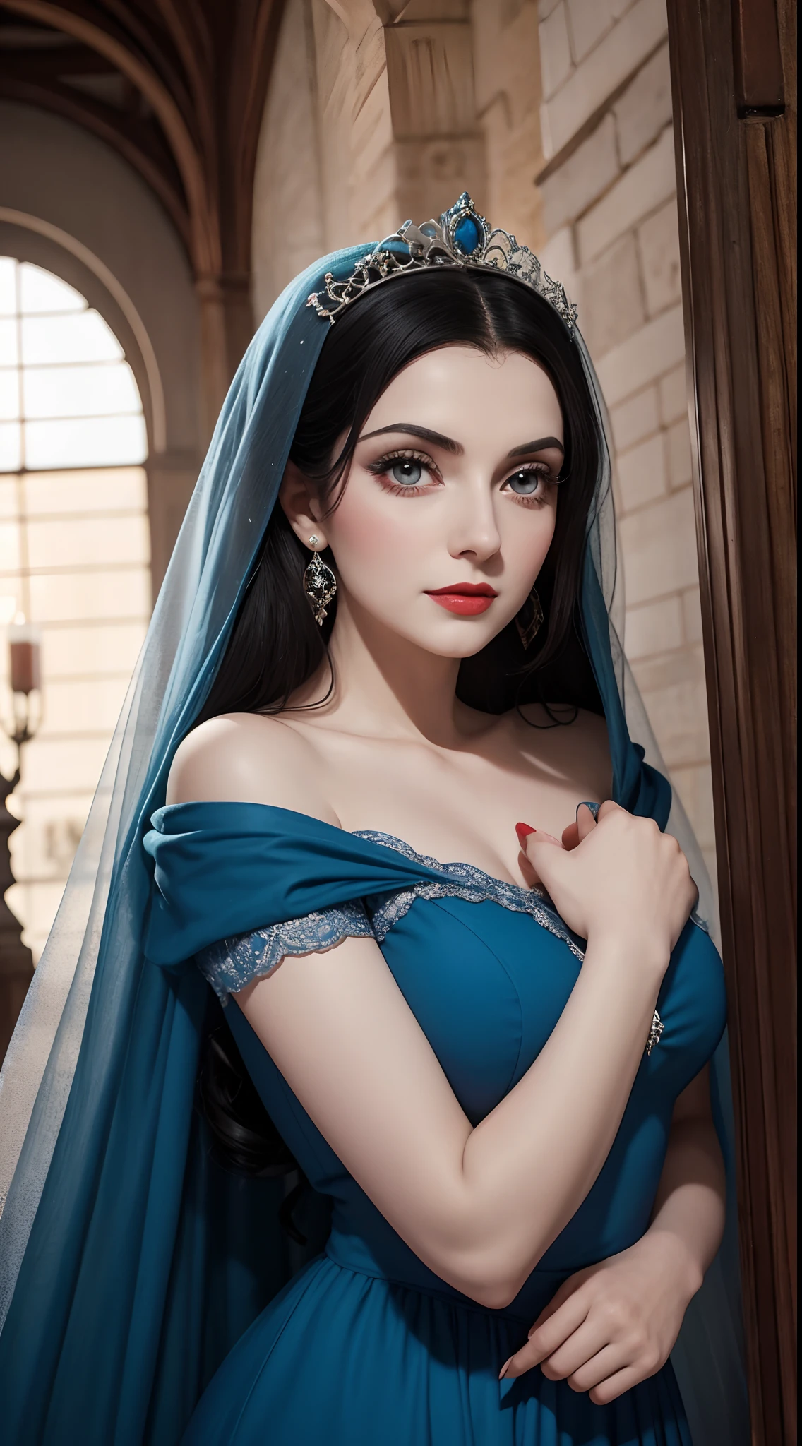 Sonia Anmar como a Personagem da Disney Branca de Neve, Vestido Colonial nas cores azul e vermelho, medieval palace, look-at-camera, facial expression of tenderness, Curvilinear athletic body, pale skin, neve, montanhas, cabelos negros, cabelos escuros, cabelos pretos, red lips, olhar de ternura, look-at-camera, romantismo, Imperial Hall, cortinas, raios de luz penetrantes