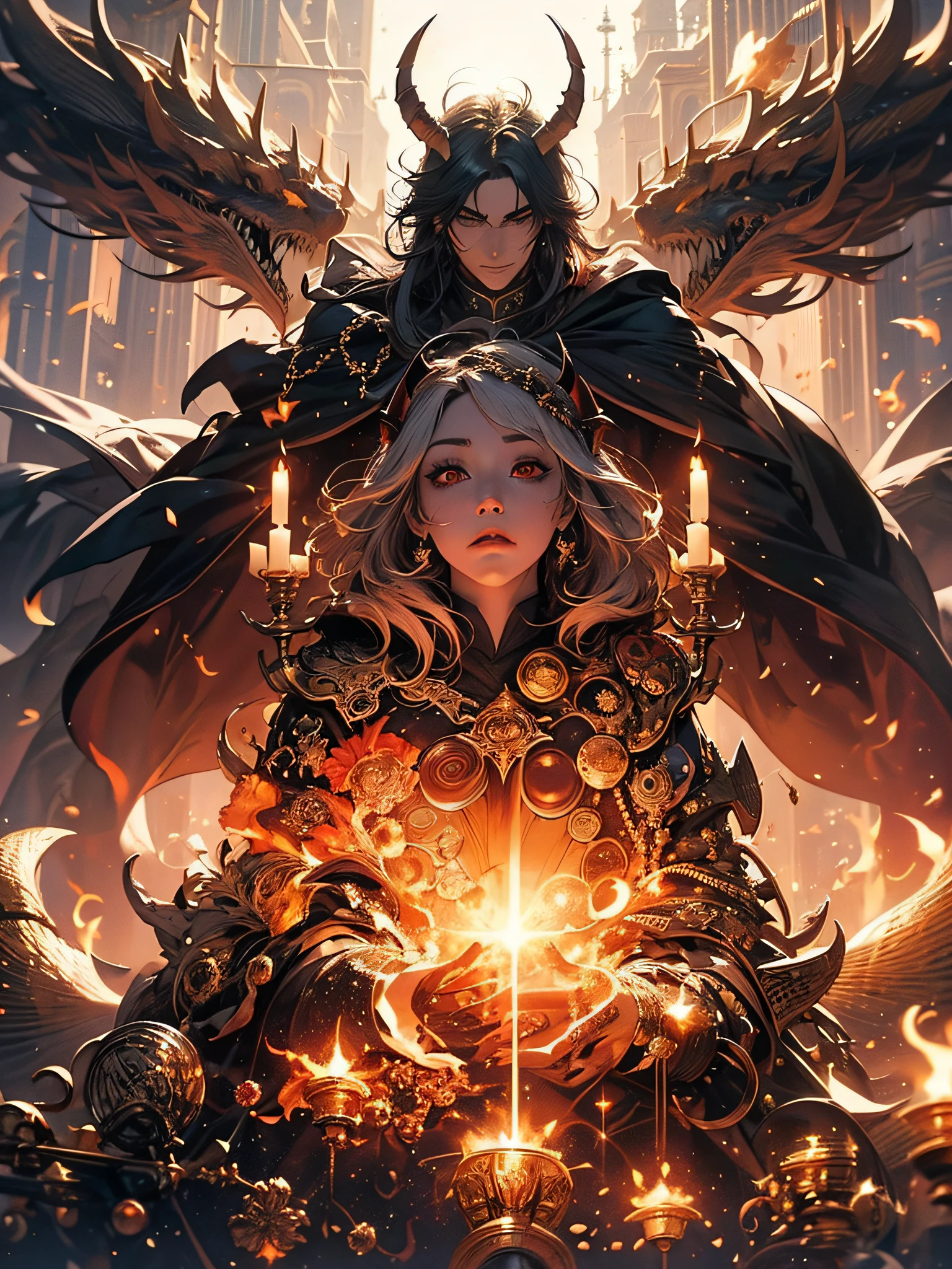 (((huge horns that make a turn and fall over the shoulders))), long white hair, long sideburns, red eyes, hateful face, boss pose, full body, Cold collors, {extremely 16k CG unit wallpaper detailed}, expansive landscape photography, (a low view focusing on the character and setting), (wide open field view), (low angle shot), (high light: 1.2), (low light: 1.4) , (warm light source: 1.4), intricate details, (iridescent colors: 1.5), (bright lighting), (atmospheric lighting), dreamy, cinematic, unique